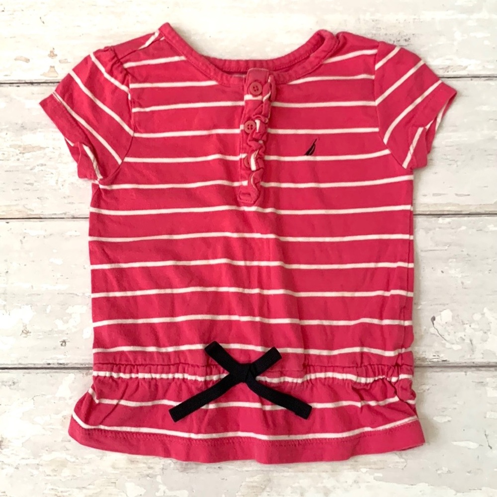 Nautica 3T Girls Pink Stripes Shirt Short Sleeves Kids Toddler Top 100% Cotton